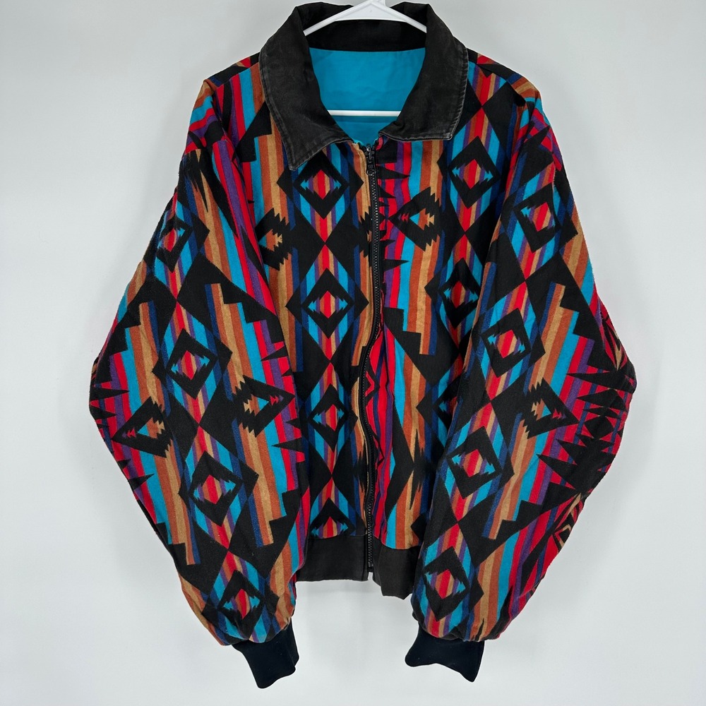 Vintage 90s Rode Walker Reversible Southwestern Aztec Bomber Jacket Teal Mens L